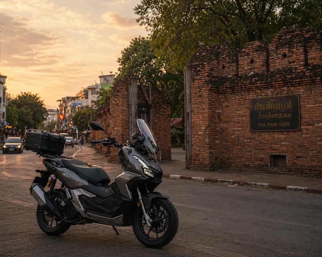 Adventure scooter at Tha Phae Gate at sunset in Chiang Mai, Thailand: Byklo motorbike rental