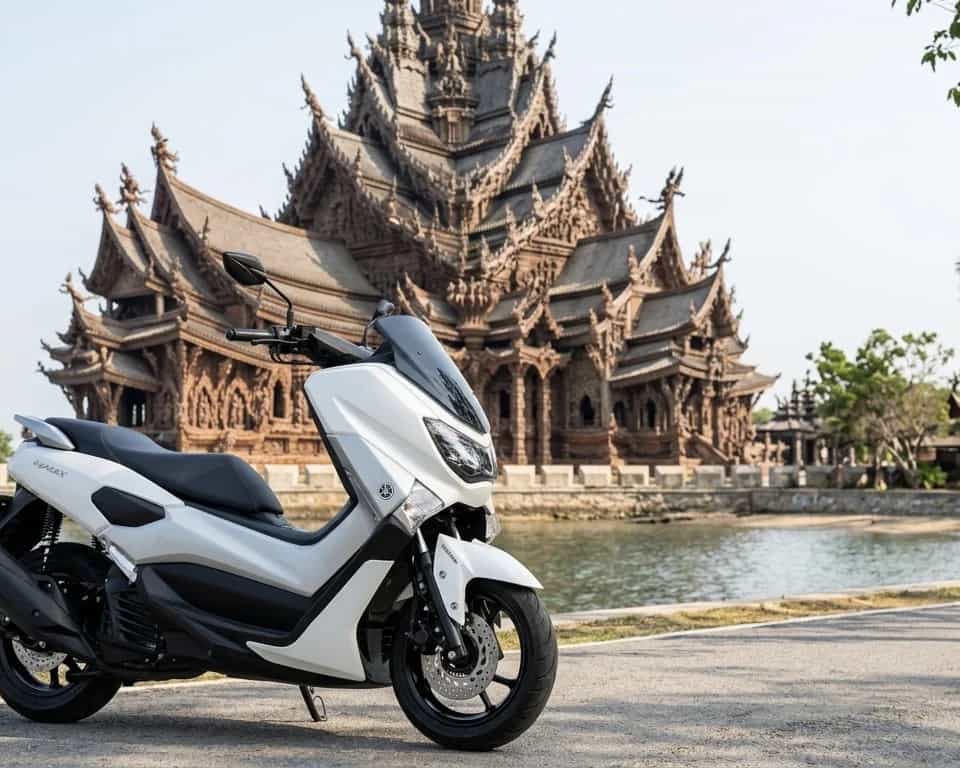 Yamaha NMAX scooter at the Sanctuary of Truth wooden temple in Pattaya, Thailand: Byklo motorbike rental (coming soon)
