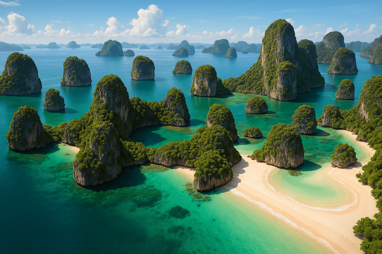 Aerial view of Andaman Sea with limestone karsts and beaches in Thailand.