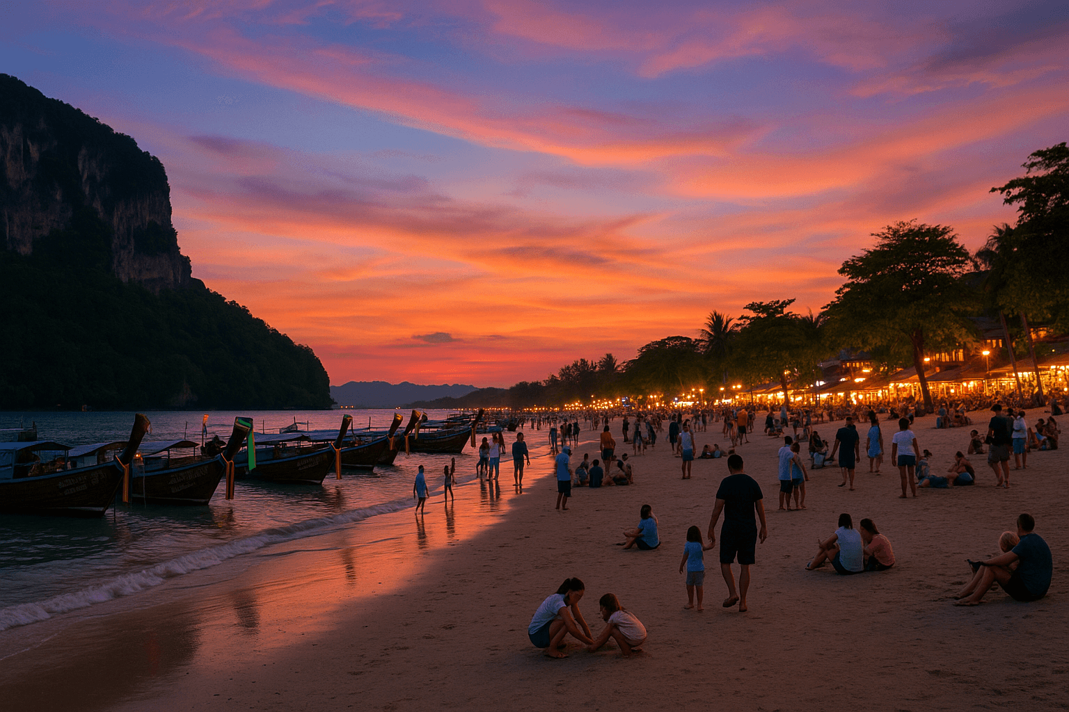 Sunset at Ao Nang Beach with families and long-tail boats