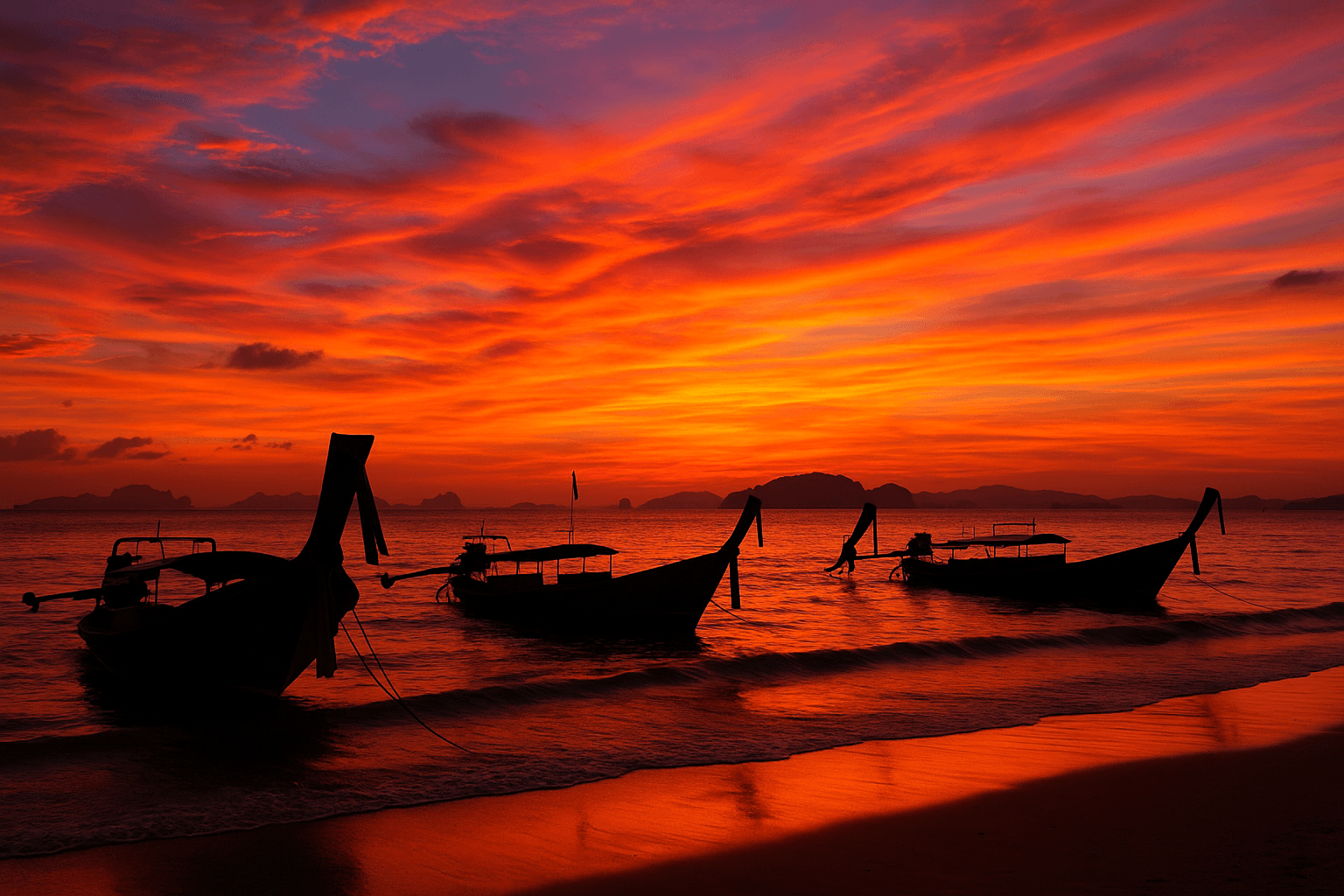 Sunset view of Ao Nang Beach with long-tail boats in Krabi