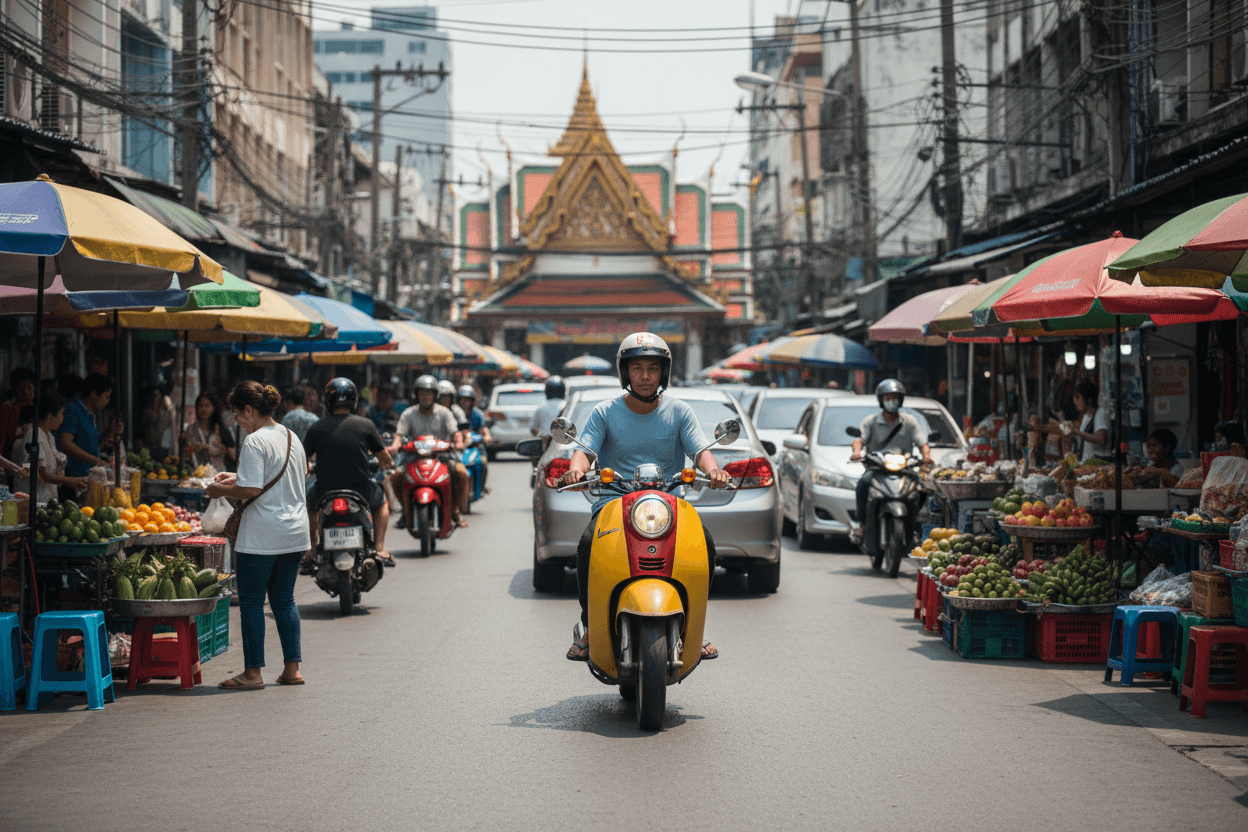 Scooter riding through crowded Bangkok streets showcasing local life