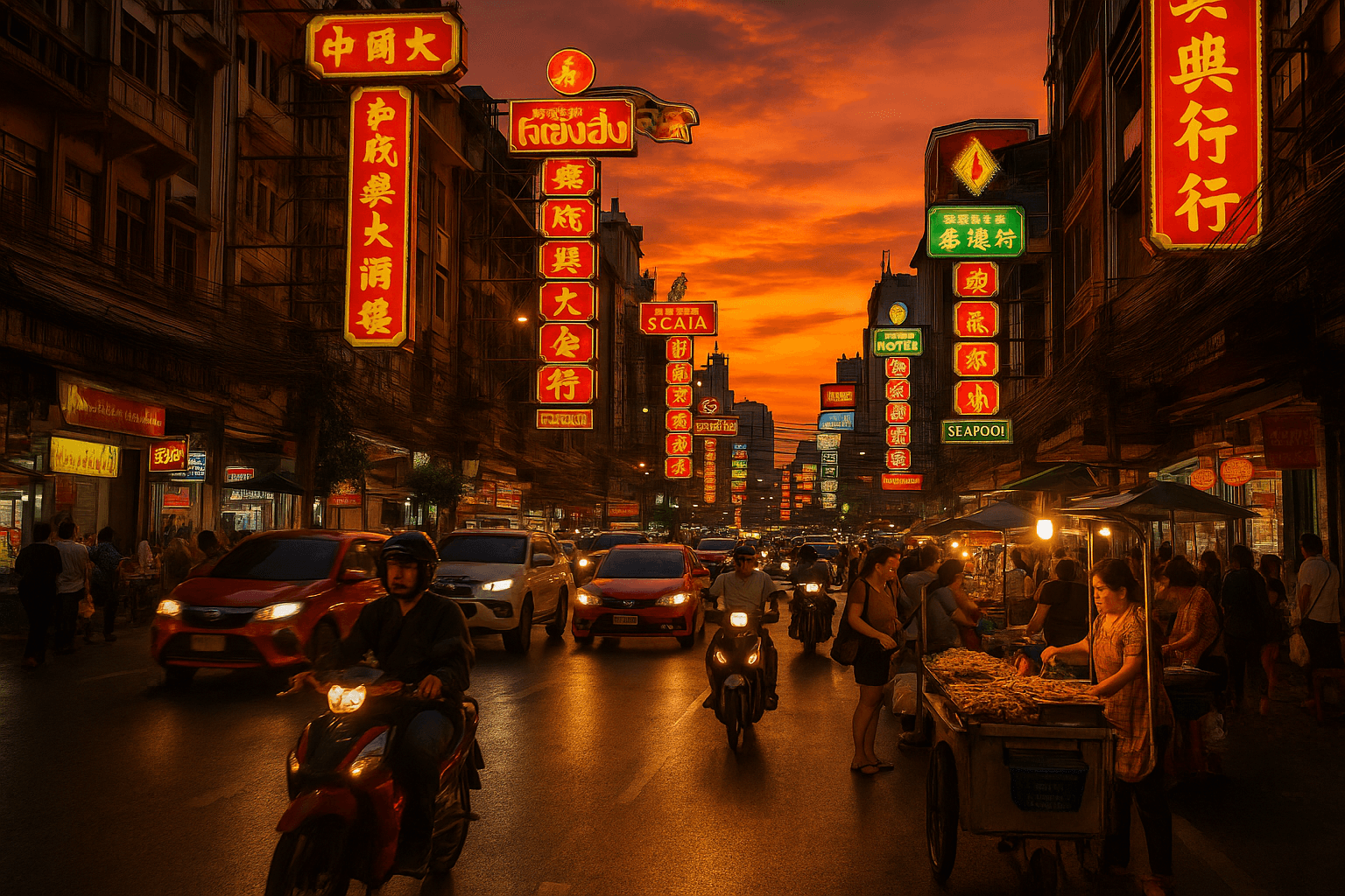 Vibrant sunset view of Bangkok streets filled with scooters and street vendors