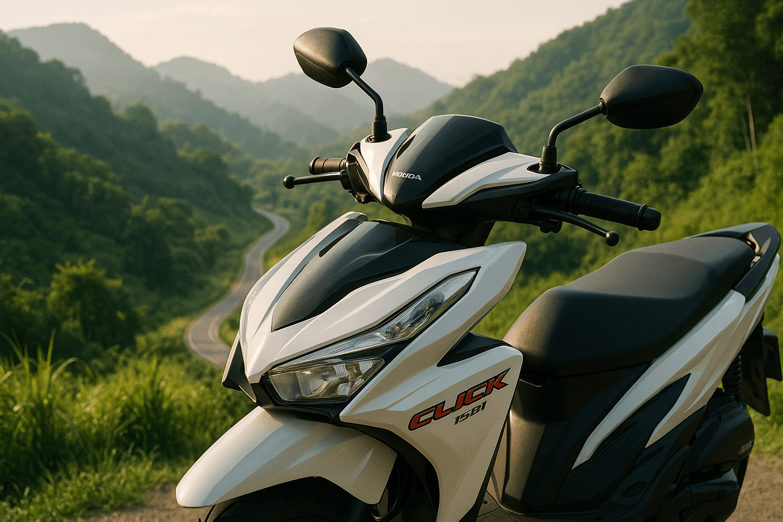 Honda Click 125i scooter parked with mountains in the background