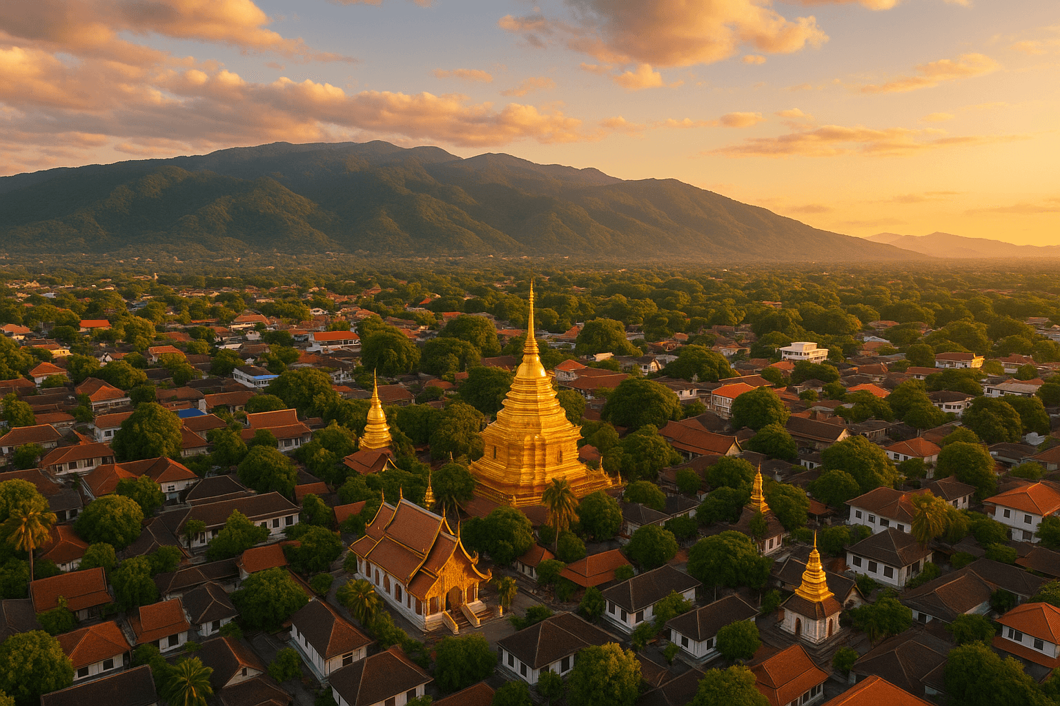 Aerial golden hour view of Chiang Mai's ancient temples and mountains