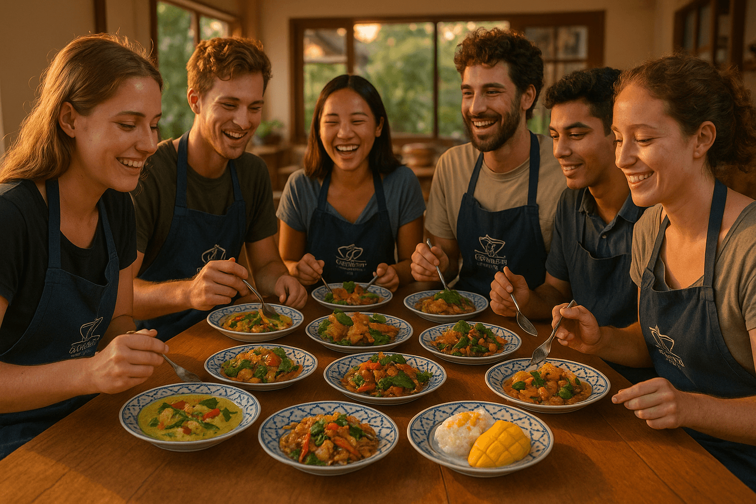Students enjoying their homemade Thai feast at a cooking class in Chiang Mai