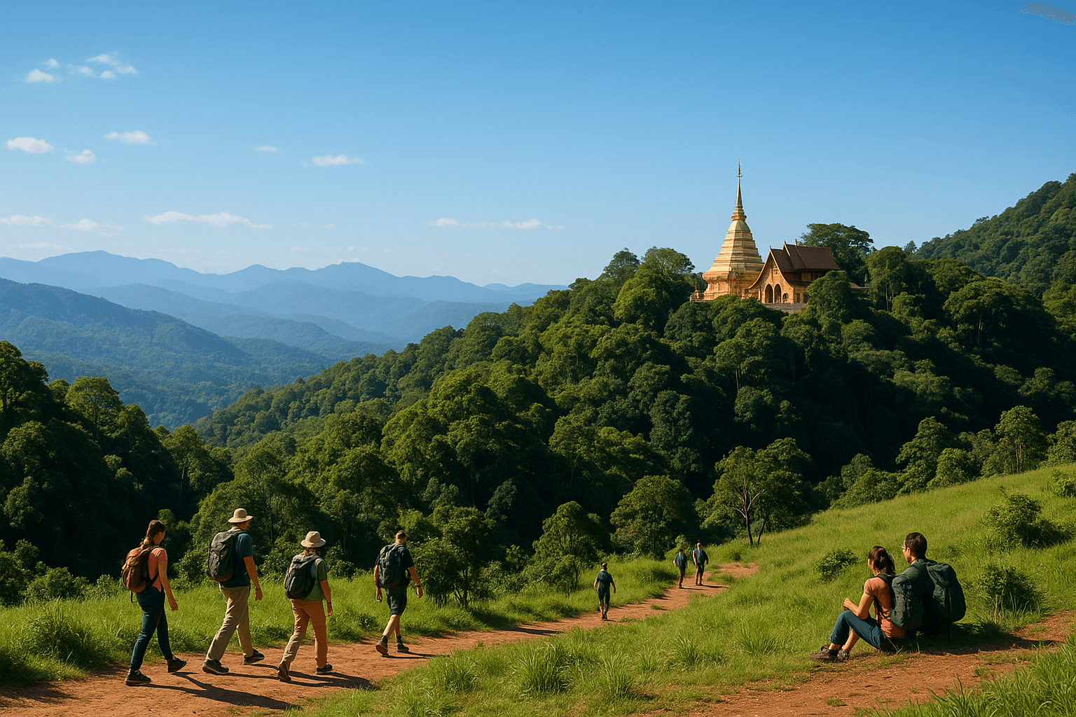 Visitors trekking in lush green hills near Doi Suthep temple during cool season in Chiang Mai.