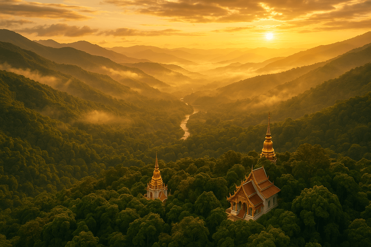 Aerial view of Chiang Mai's lush mountains and temples during sunset