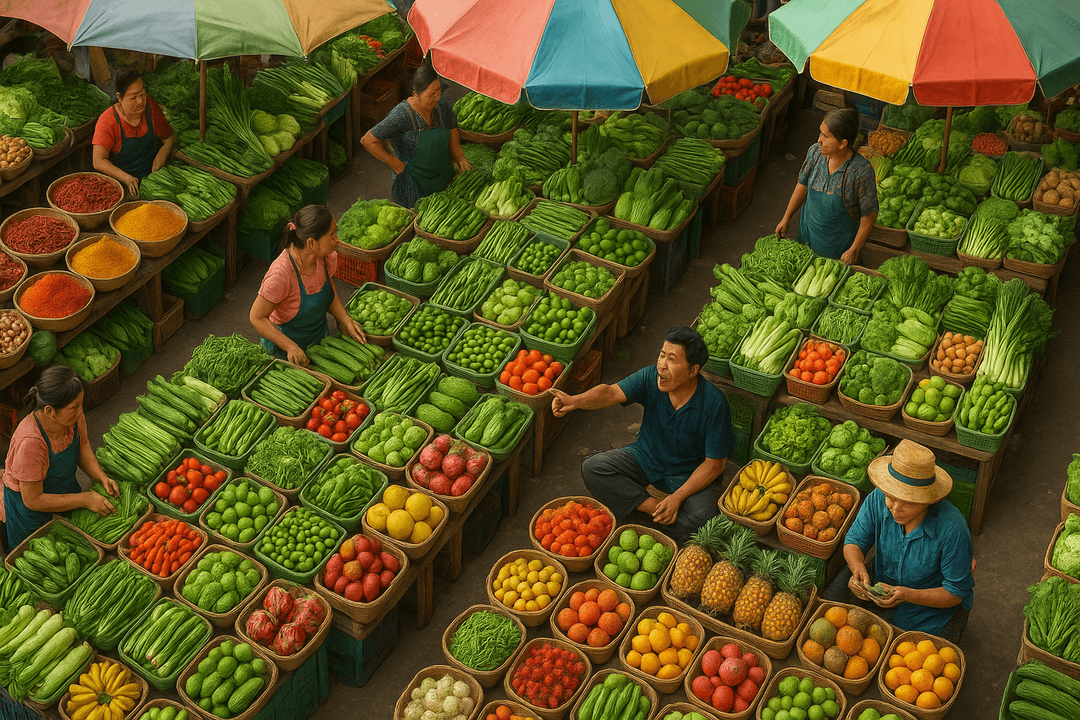 Busy Chiang Mai local market showcasing exotic fruits and spices