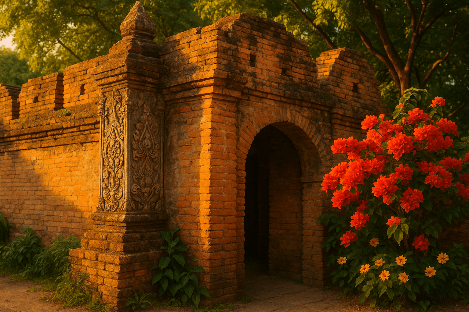 Intricate ancient gate of Chiang Mai Old City surrounded by greenery