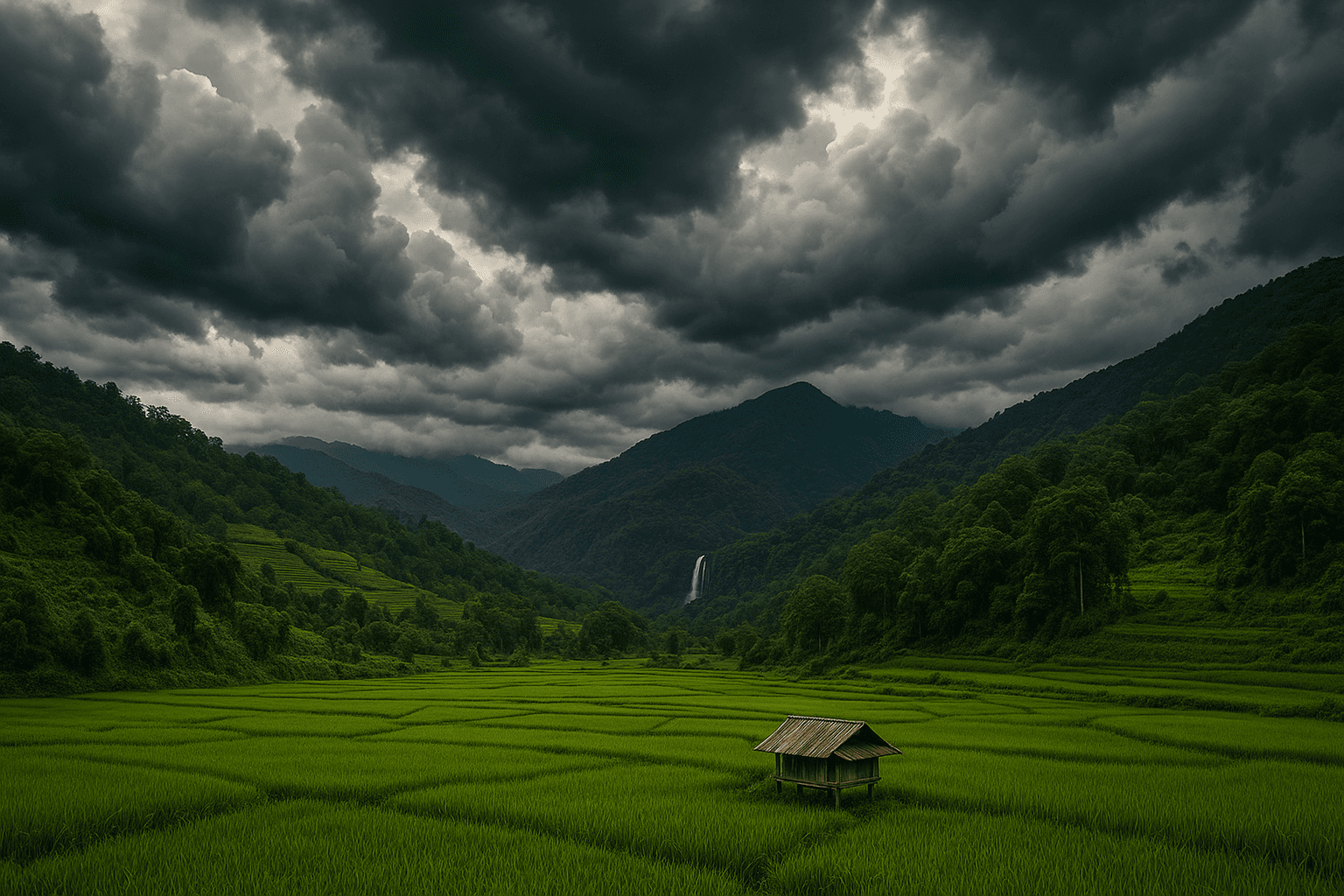 Chiang Mai's lush countryside during rainy season, highlighting green fields and dramatic clouds.