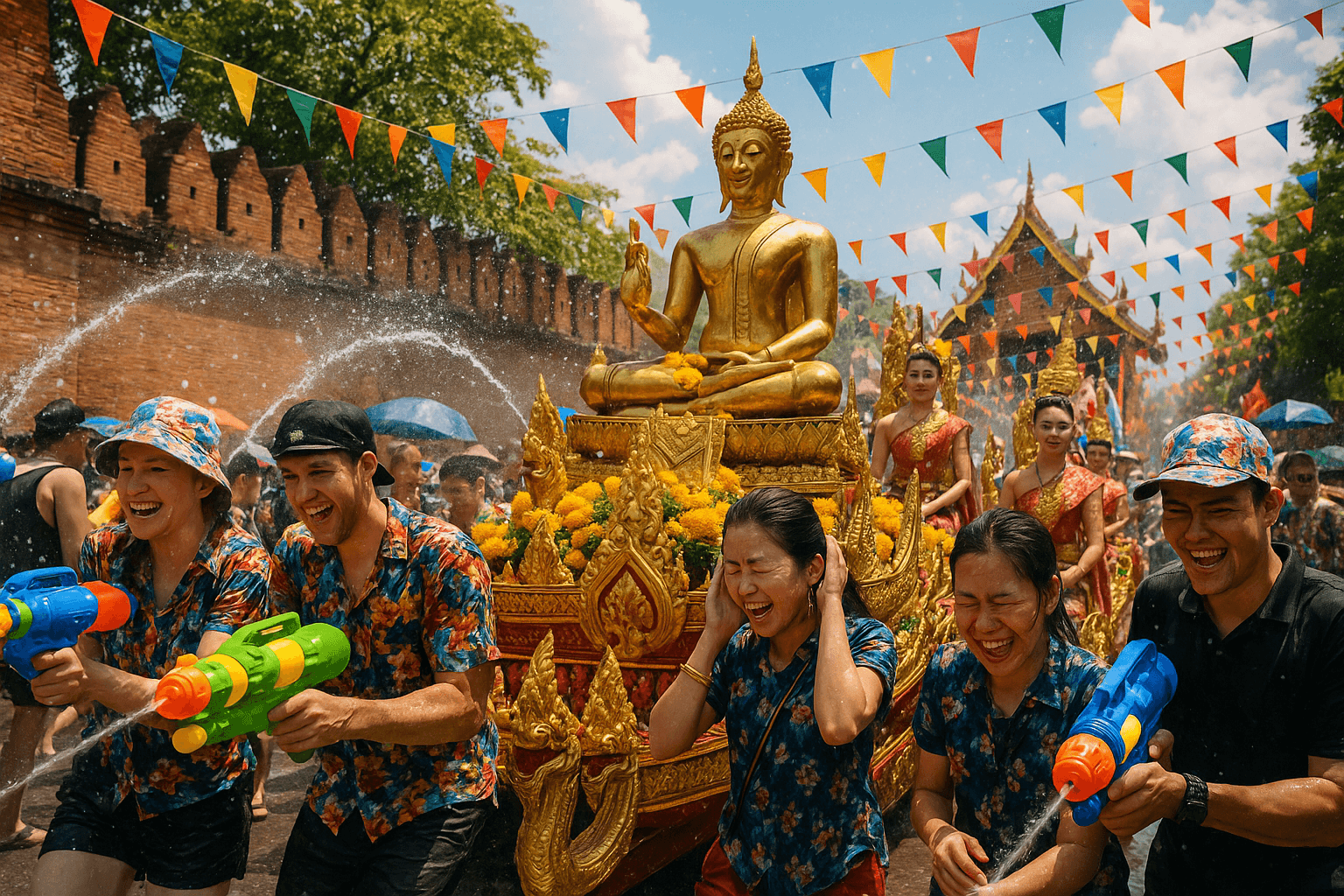 Lively Songkran festival water fights in Chiang Mai, featuring colorful celebrations.