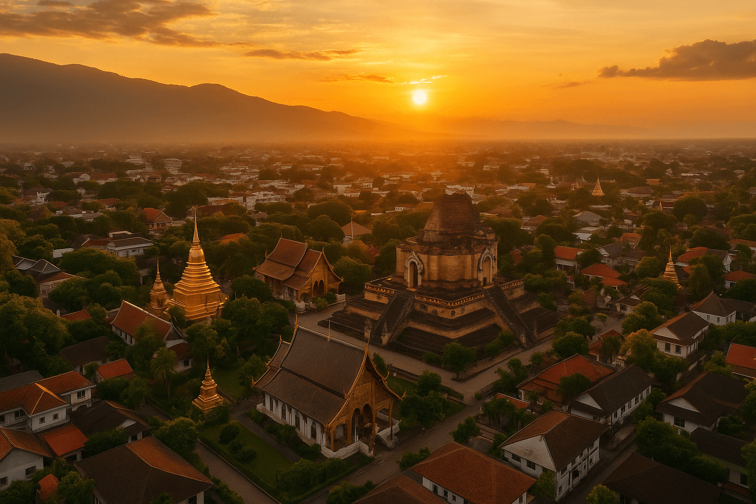 Aerial view of Chiang Mai's temples and lush landscapes at sunset