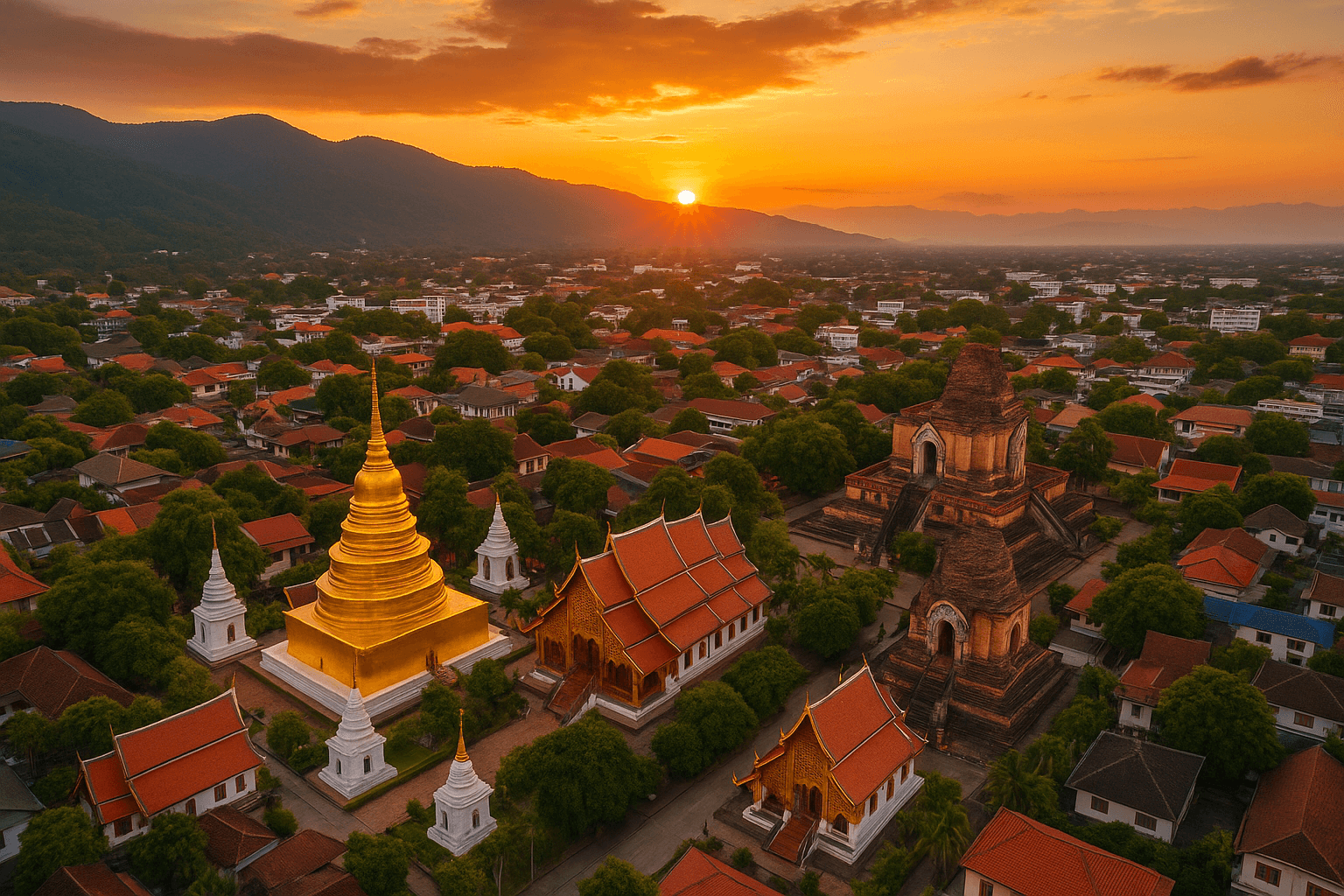 Aerial sunset view of Chiang Mai's historic temples and mountains