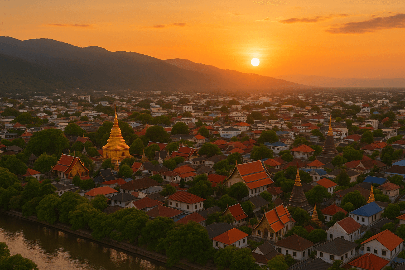 Aerial sunset view of Chiang Mai's golden temple spires and lush mountains Northern Thailand