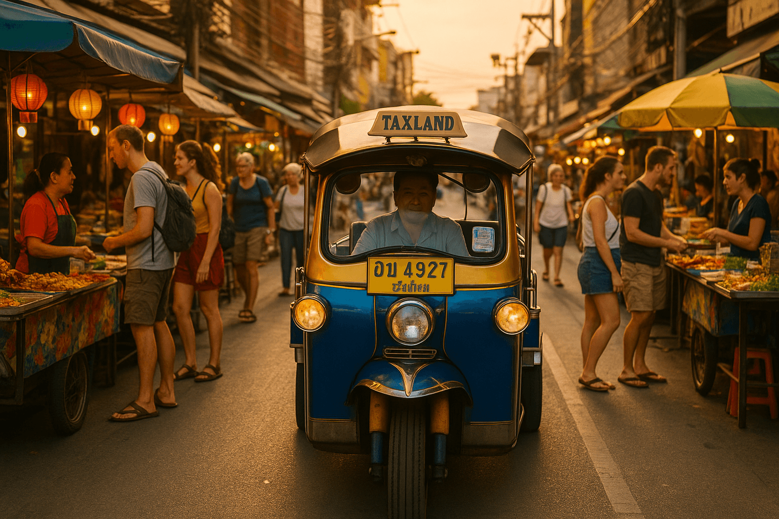 Tuk-tuk on bustling Chiang Mai street filled with vibrant food stalls