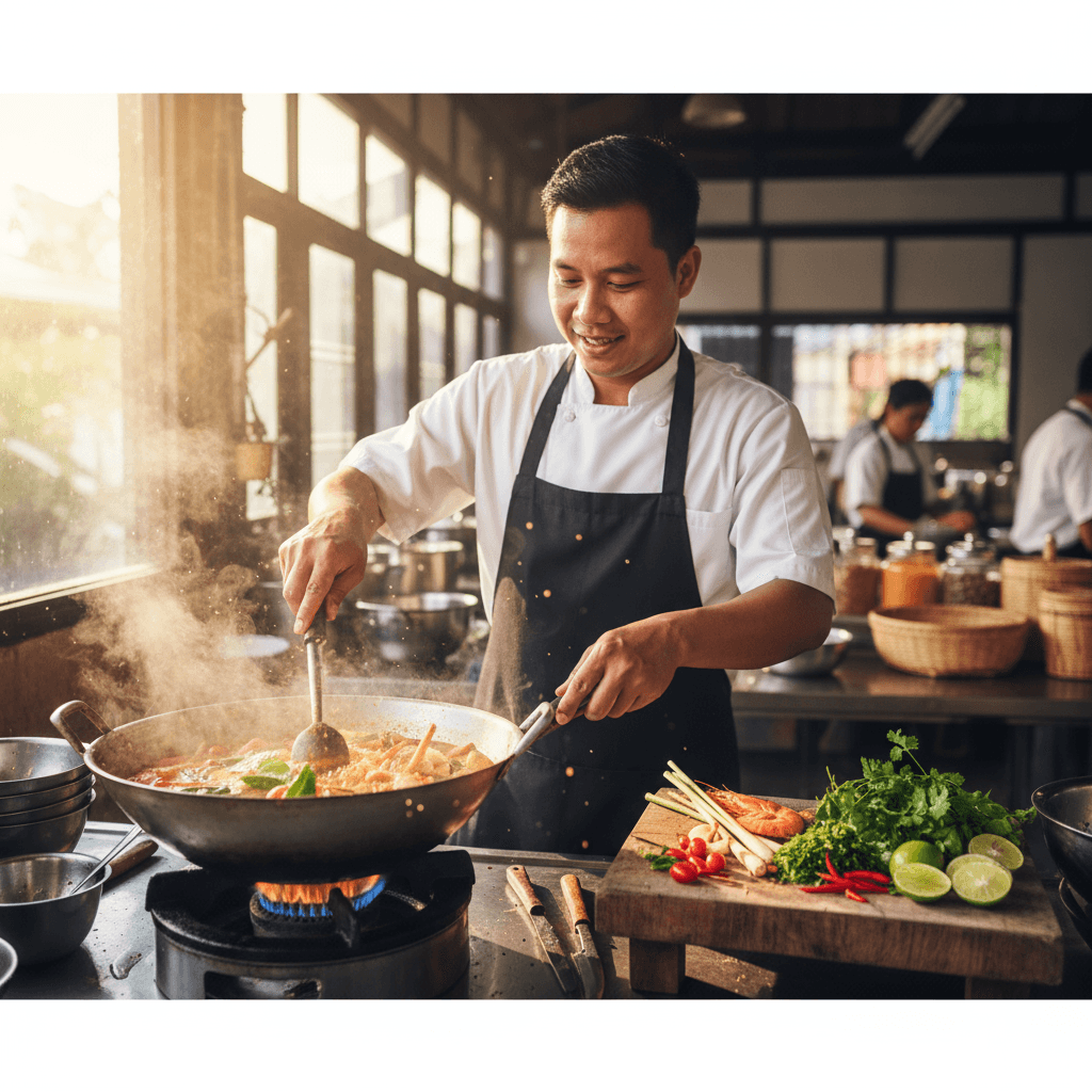 Chef cooking Tom Yum Goong in Phuket, highlighting fresh seafood, herbs, and local flavors — a must-try dish when exploring what to eat in Phuket.