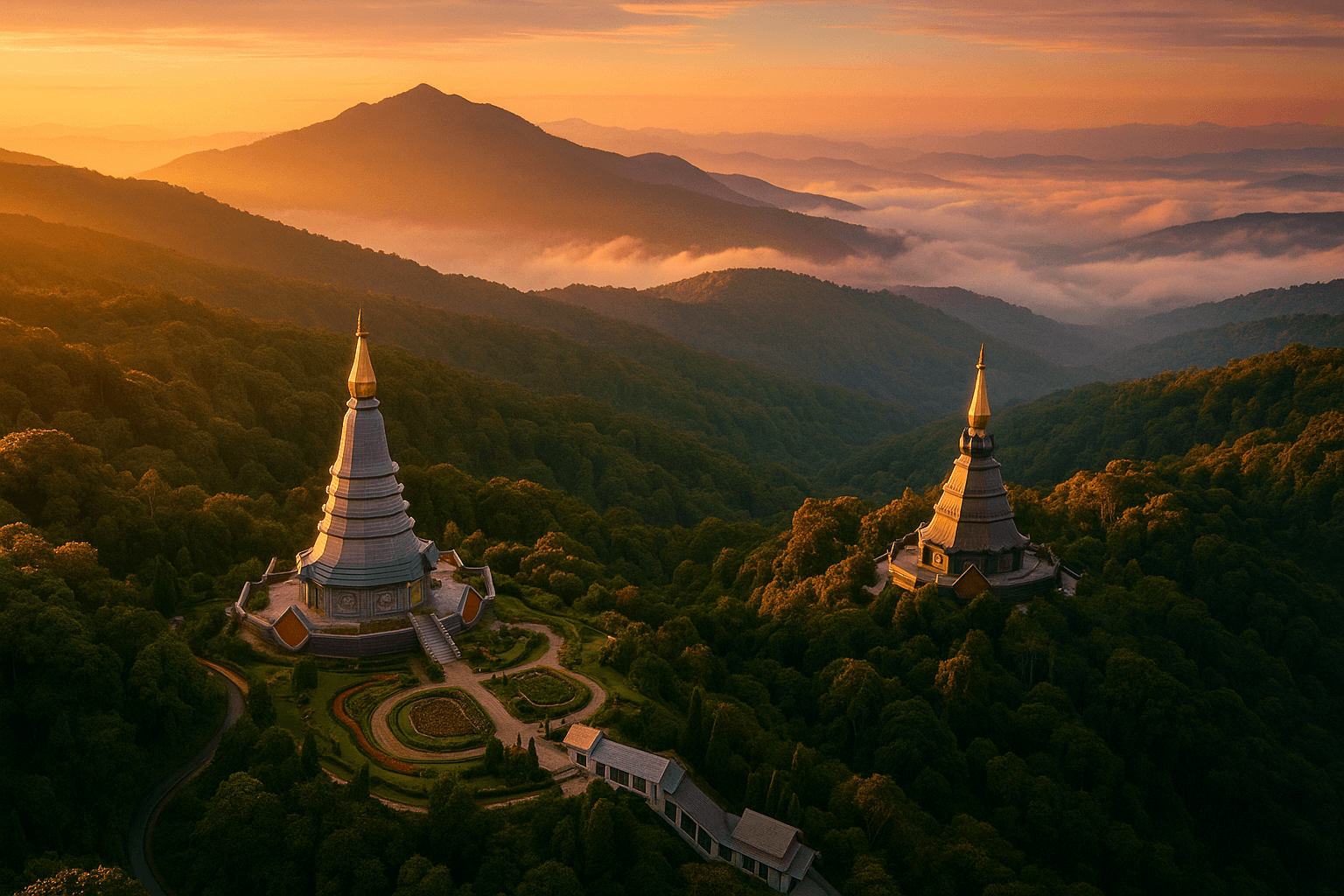 Aerial view of Doi Inthanon National Park at golden hour with lush forests