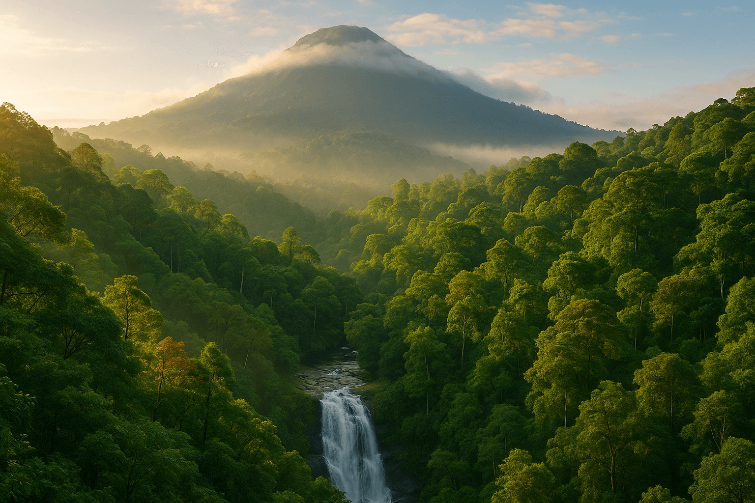 Lush Doi Inthanon mountain view with waterfalls in morning light, Chiang Mai