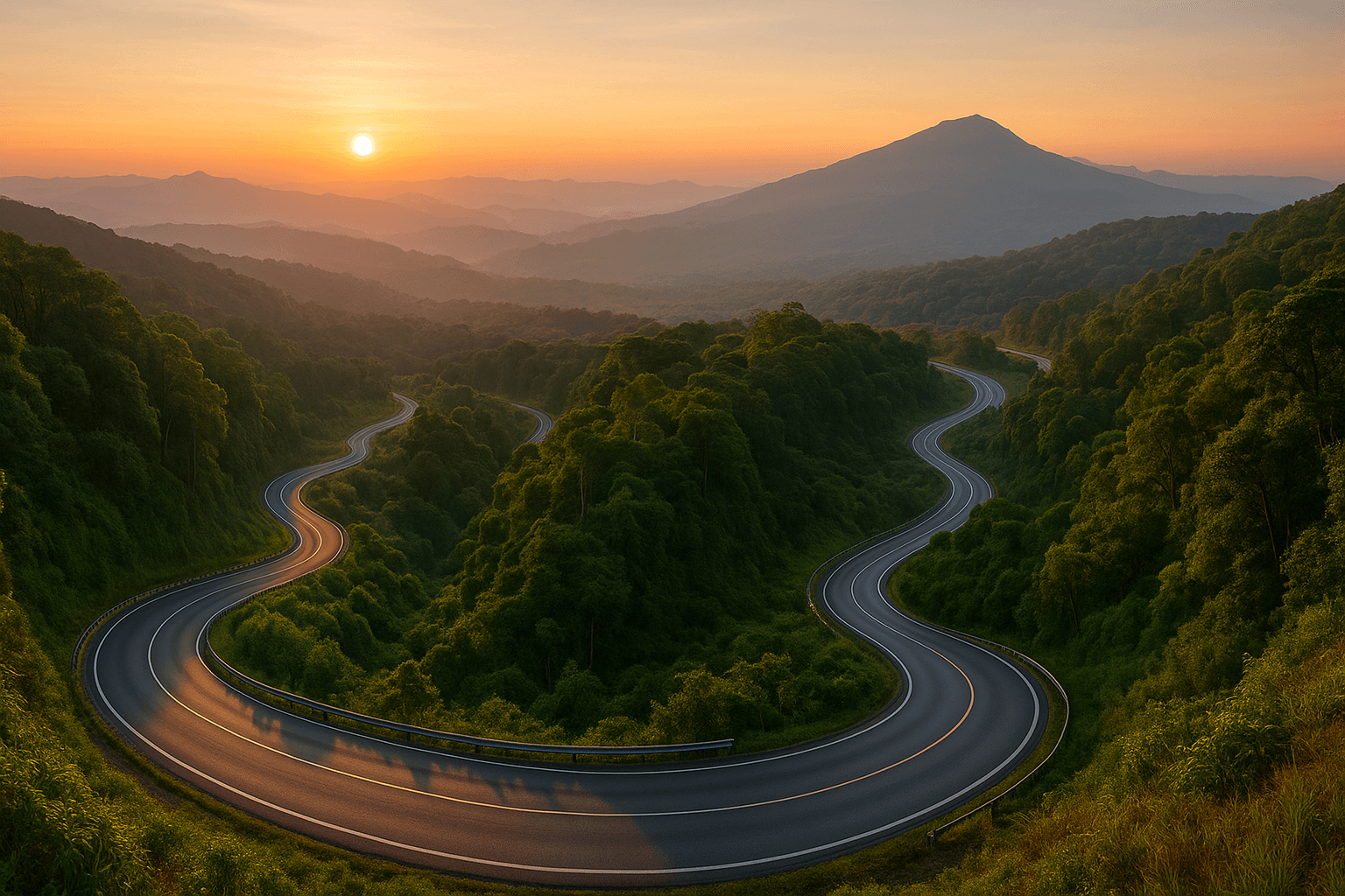 Winding mountain roads leading to Doi Inthanon summit at sunrise