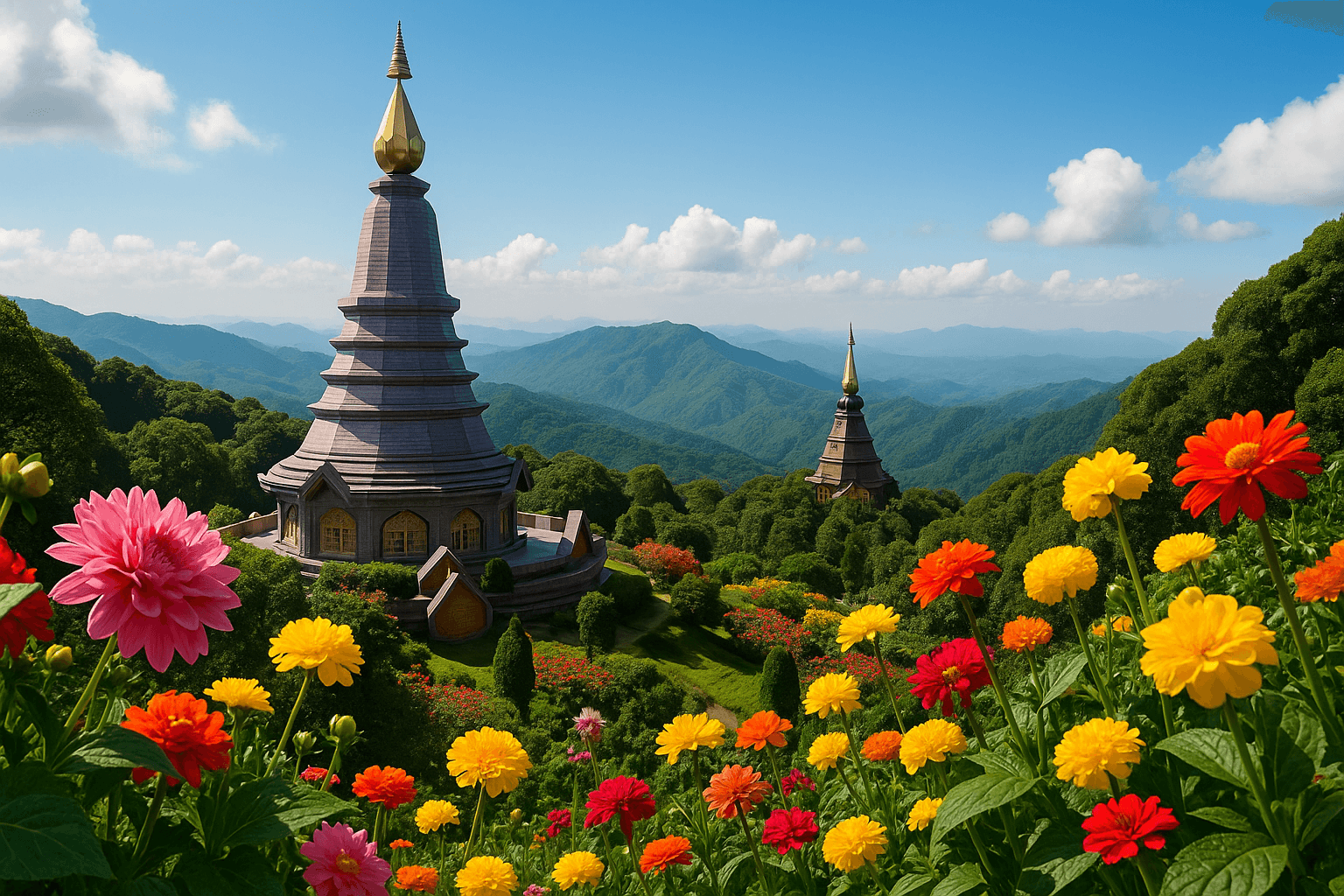 Doi Inthanon viewpoint with blooming gardens and royal pagodas