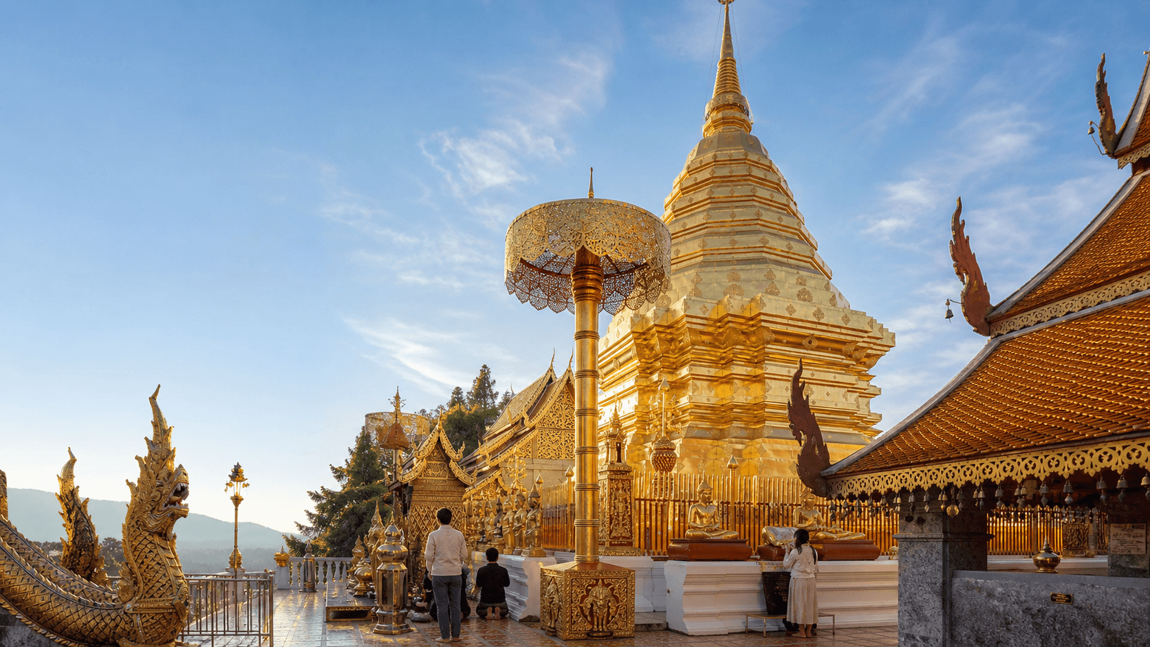 Close-up of Doi Suthep Temple with Chiang Mai in the background during cool season