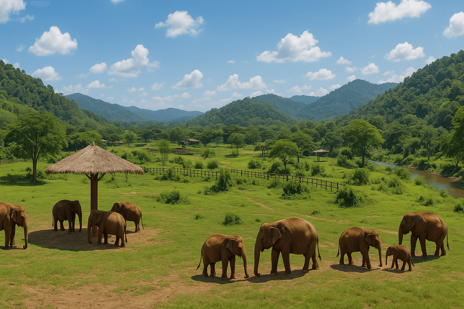 Panoramic view of Elephant Nature Park in Chiang Mai showcasing natural habitat