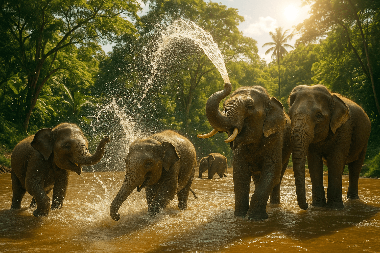 Elephants joyfully bathing in a river at Chiang Mai sanctuary