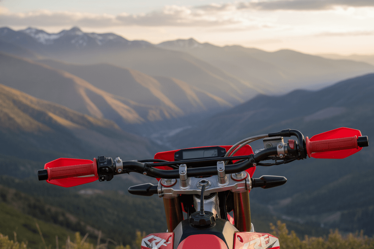 Close-up of Honda CRF handlebars with a mountain view in Northern Thailand.