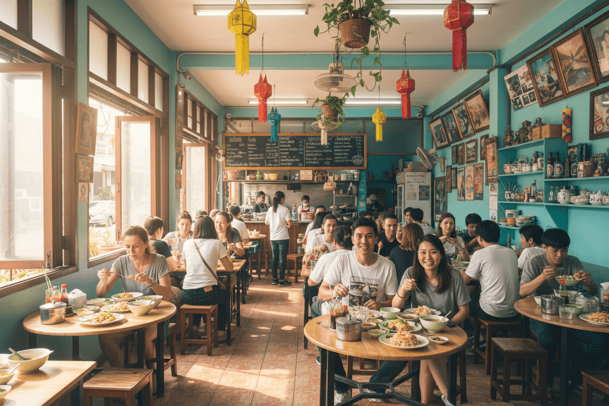 Dining inside a lively local restaurant in Hua Hin, Thailand filled with diners enjoying authentic Thai food