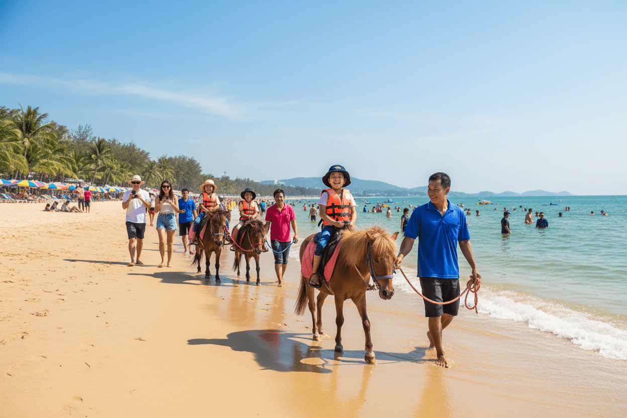 Families on pony rides at Hua Hin Beach