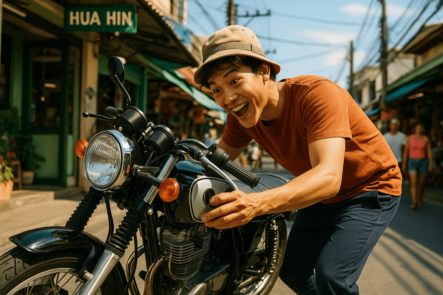 Person checking motorbike rental options on a street in Hua Hin
