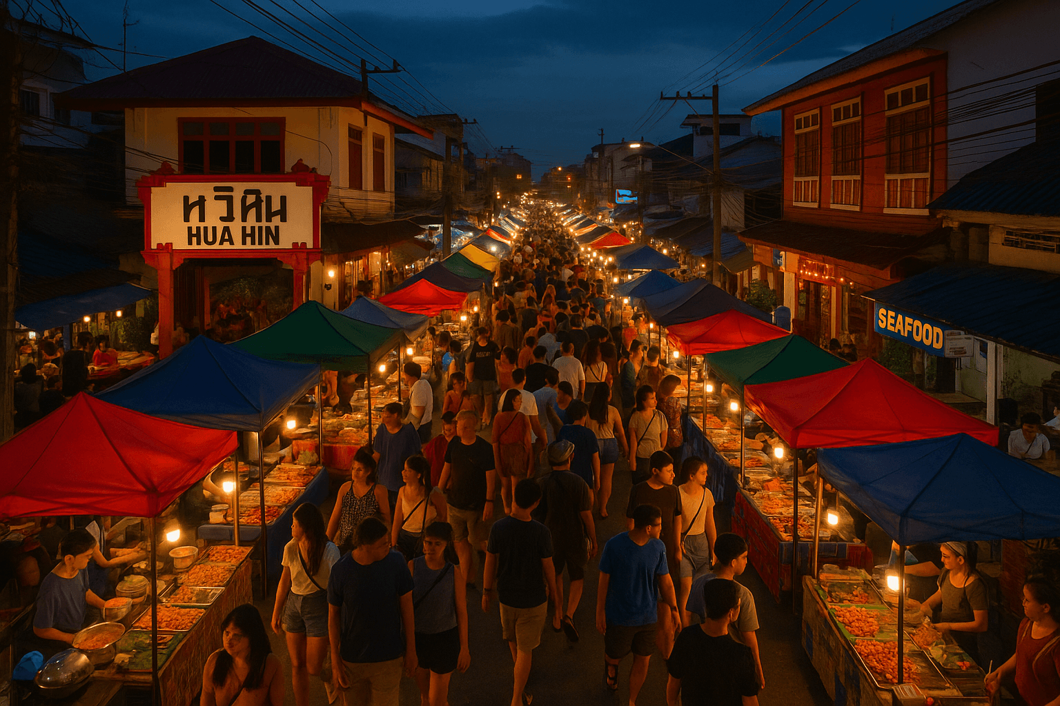 Aerial view of Hua Hin night market bustling with activity and colorful stalls