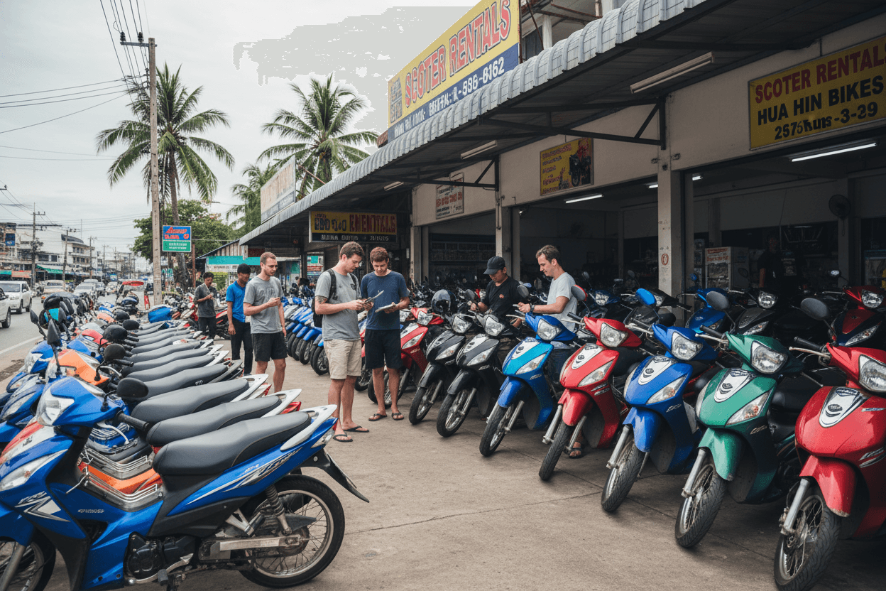 Busy motorbike rental shop in Hua Hin with customers