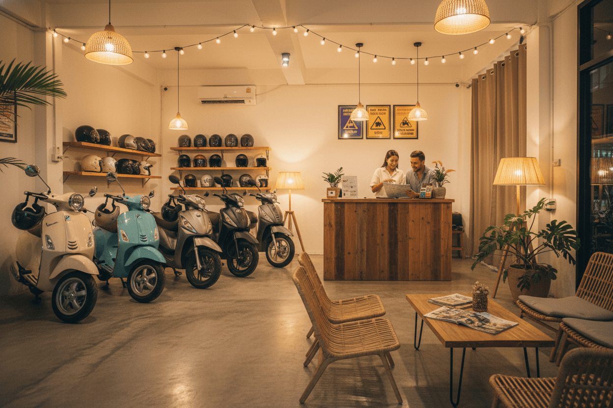 Interior view of organized scooter rental shop in Hua Hin