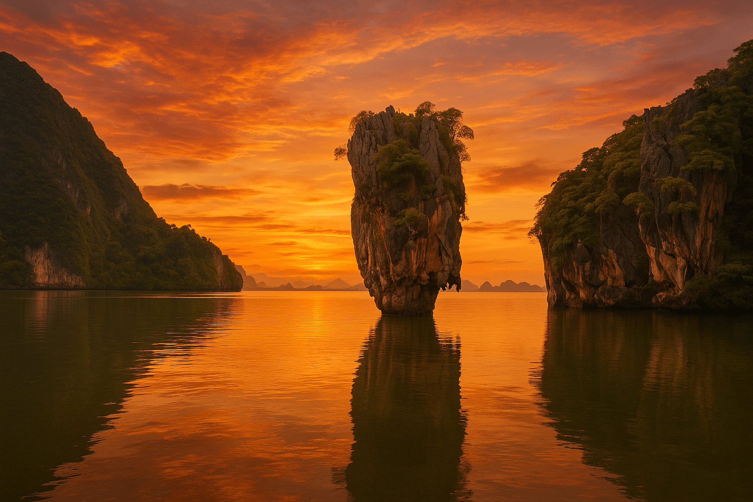 James Bond Island with iconic rock formations and sunset sky.