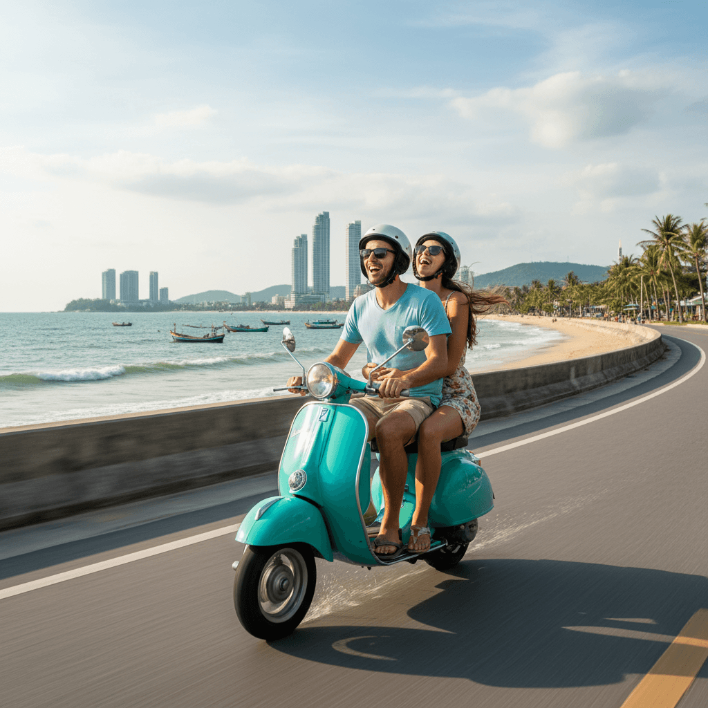 Couple riding a scooter along Jomtien's coastline