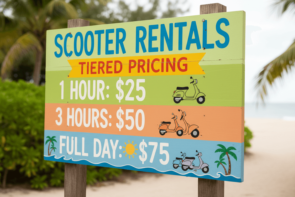 Close-up view of scooter rental price sign in Jomtien