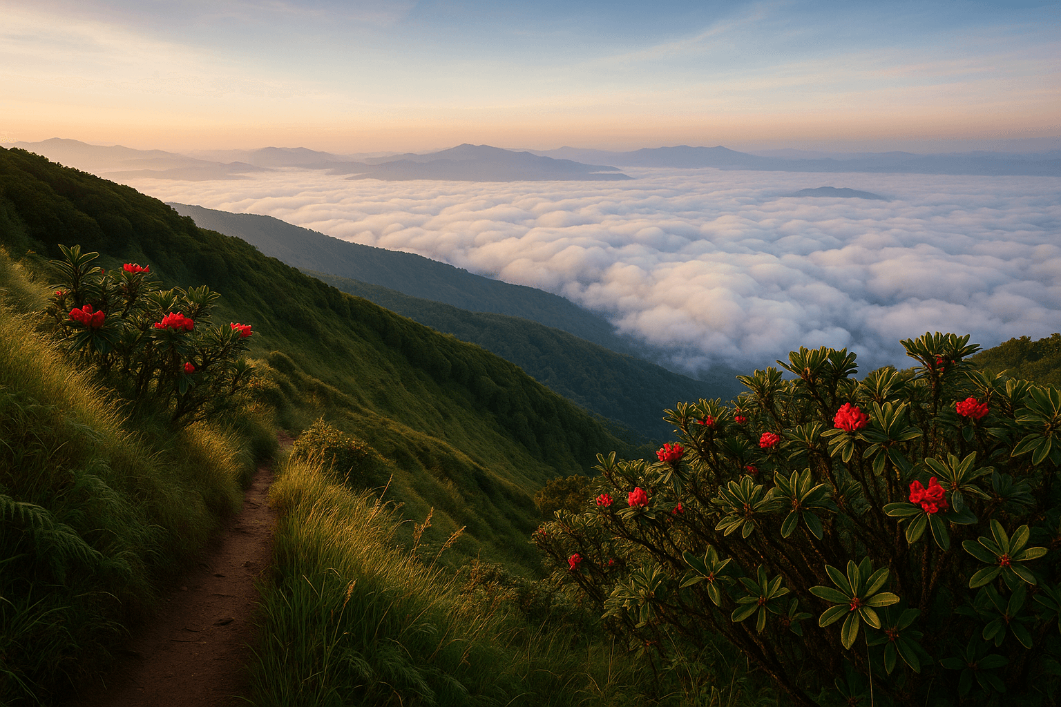 Kew Mae Pan Nature Trail with a sea of clouds in Doi Inthanon