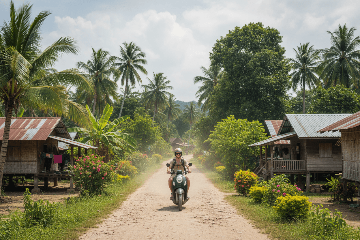 Traveler riding a scooter on a dirt road in Koh Lanta