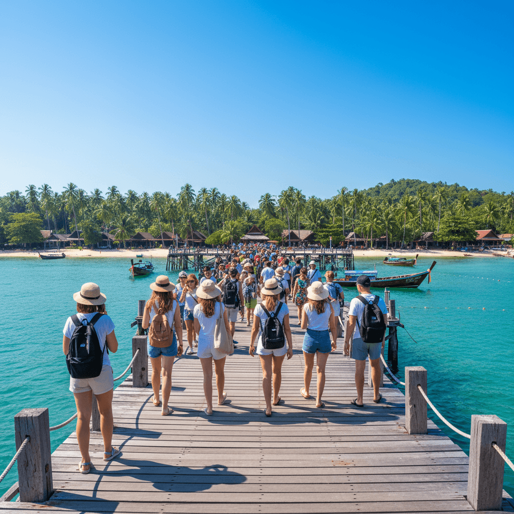 Koh Lanta wooden pier filled with tourists and local houses