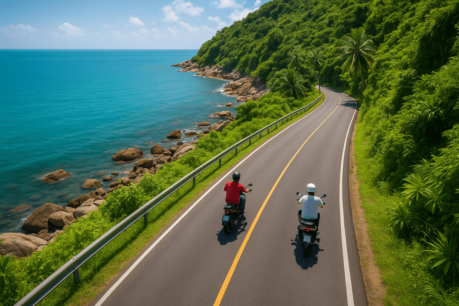 Coastal road in Koh Samui with motorbikes navigating the route
