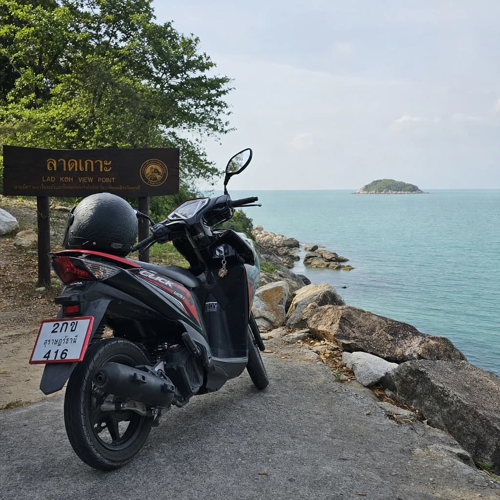 A 125cc scooter parked at Lad Koh Viewpoint between Chaweng Noi and Coral Cove on Koh Samui, gulf of Thailand visible from the cliff edge