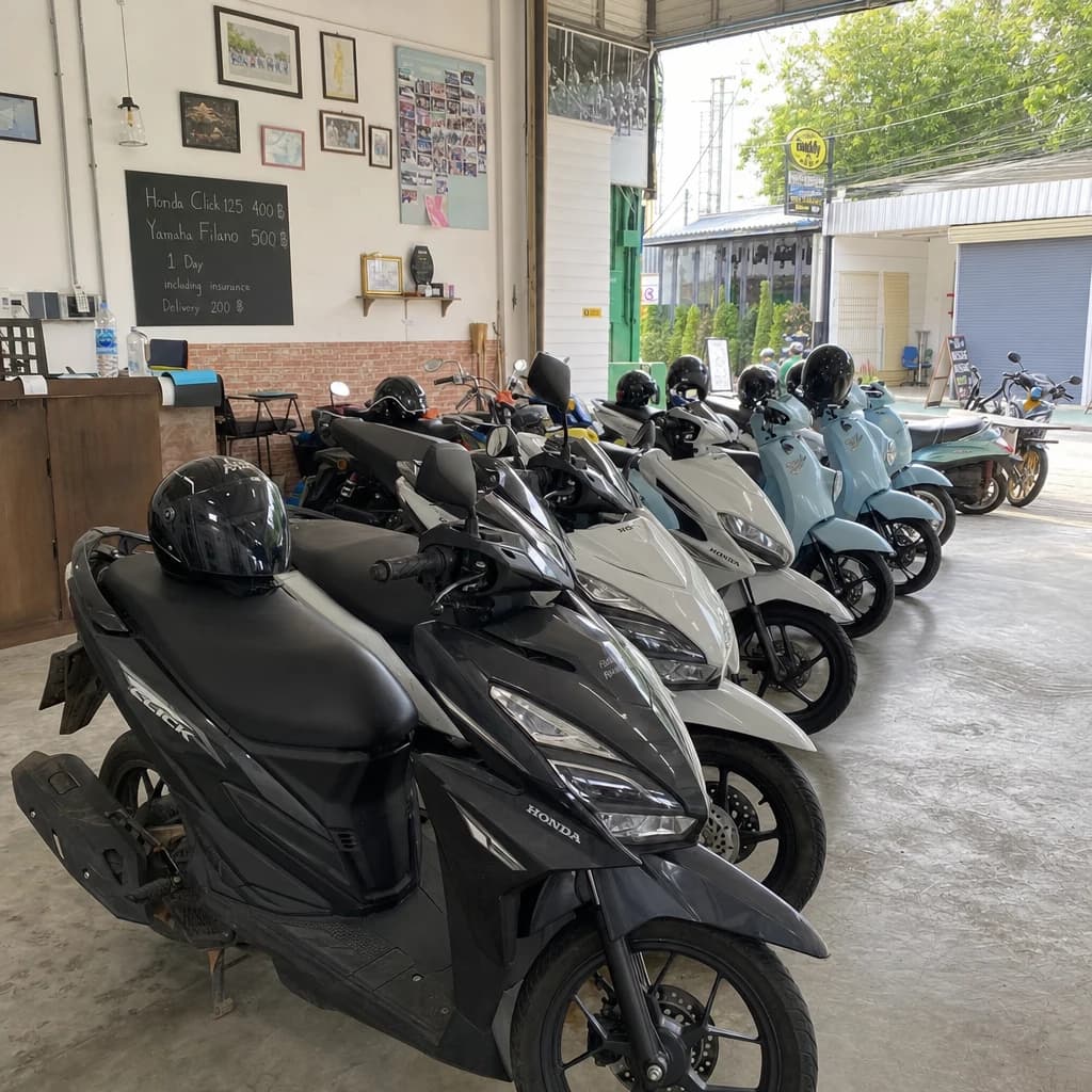 A Koh Samui rental-shop interior near Bo Put with a fleet of Honda Click 125 and Yamaha Filano scooters and a chalkboard listing 140-350 THB daily rates