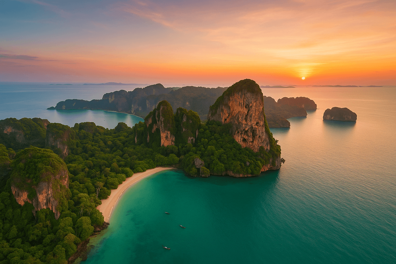 Aerial sunset view of Krabi's limestone cliffs and turquoise waters