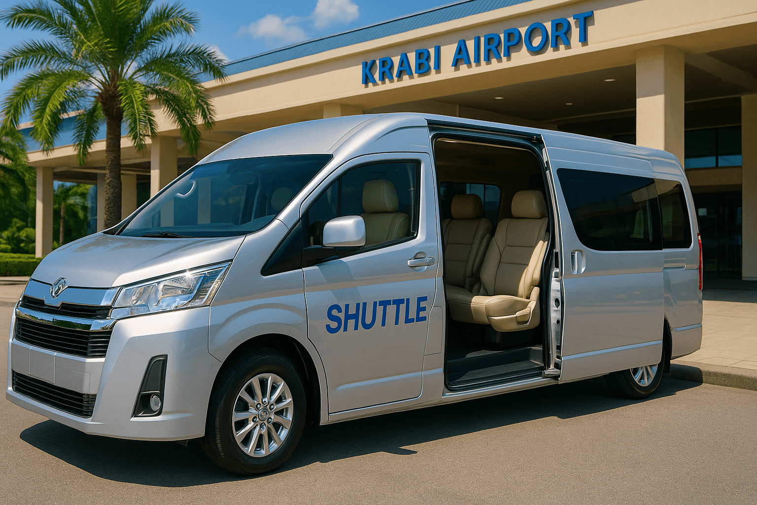 Modern airport shuttle van outside Krabi Airport ready for passengers