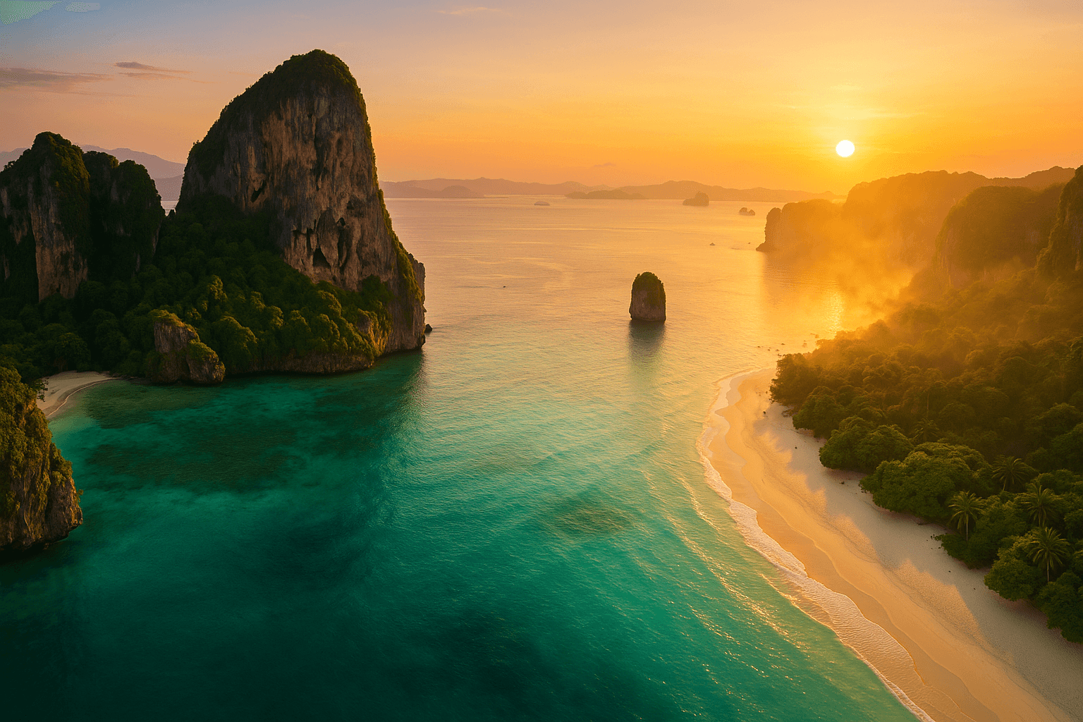 Aerial sunset view of Krabi's stunning coastline and limestone cliffs