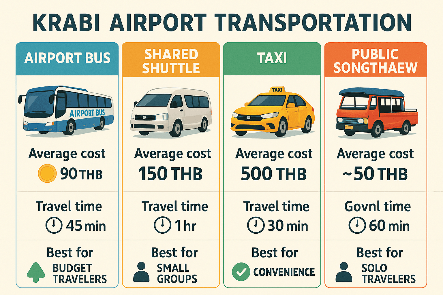 Comparison of Krabi airport transportation options including bus, shuttle, taxi, songthaew