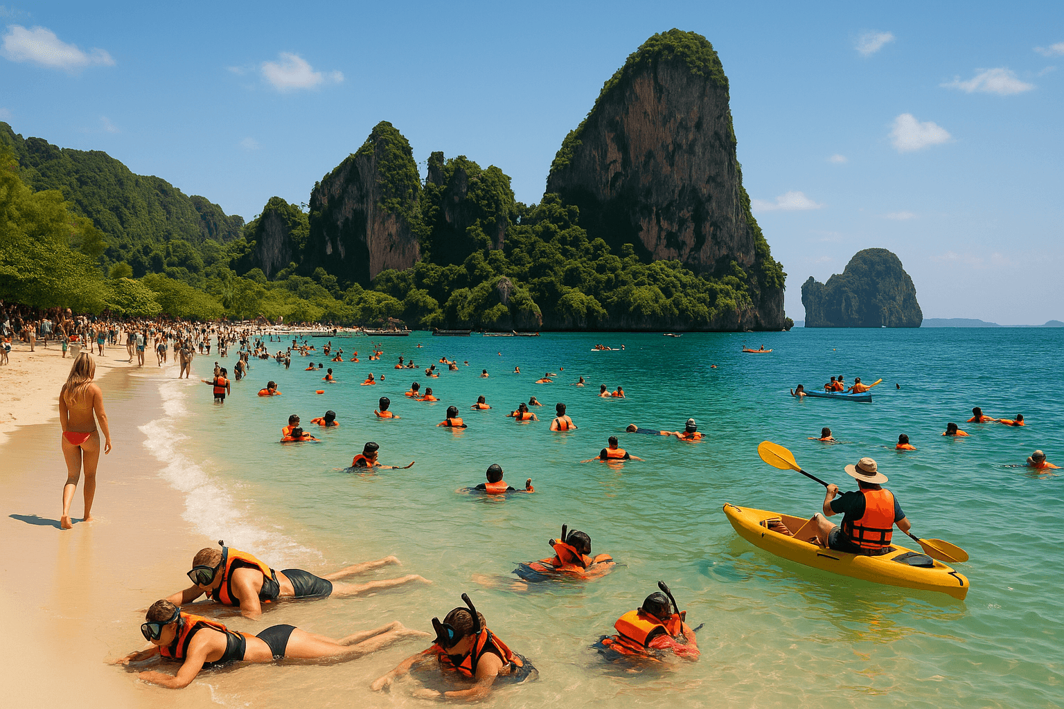 Tourists enjoying water activities at a beach in Krabi during peak season