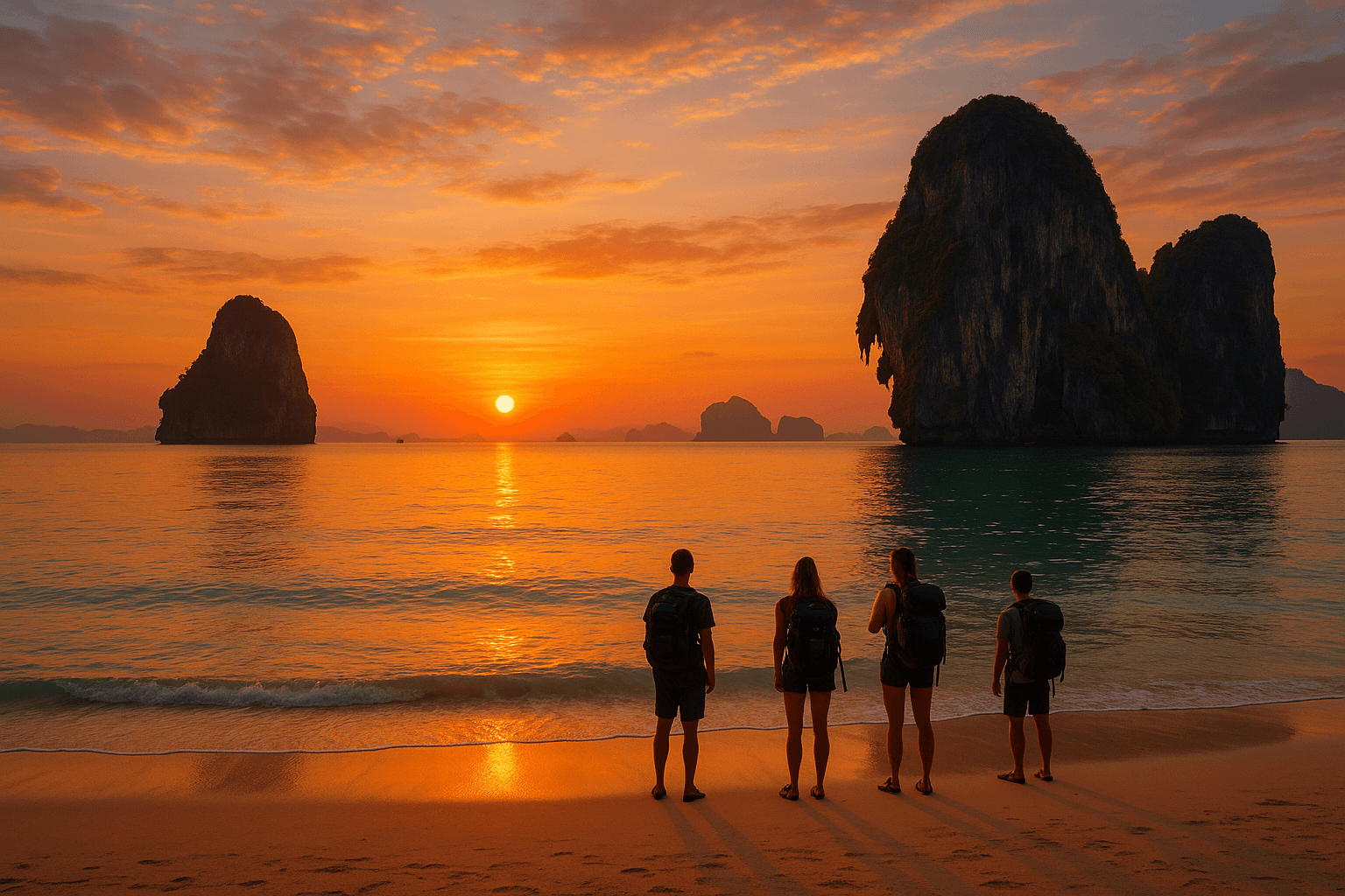Scenic sunset beach view in Krabi with limestone cliffs, adventure